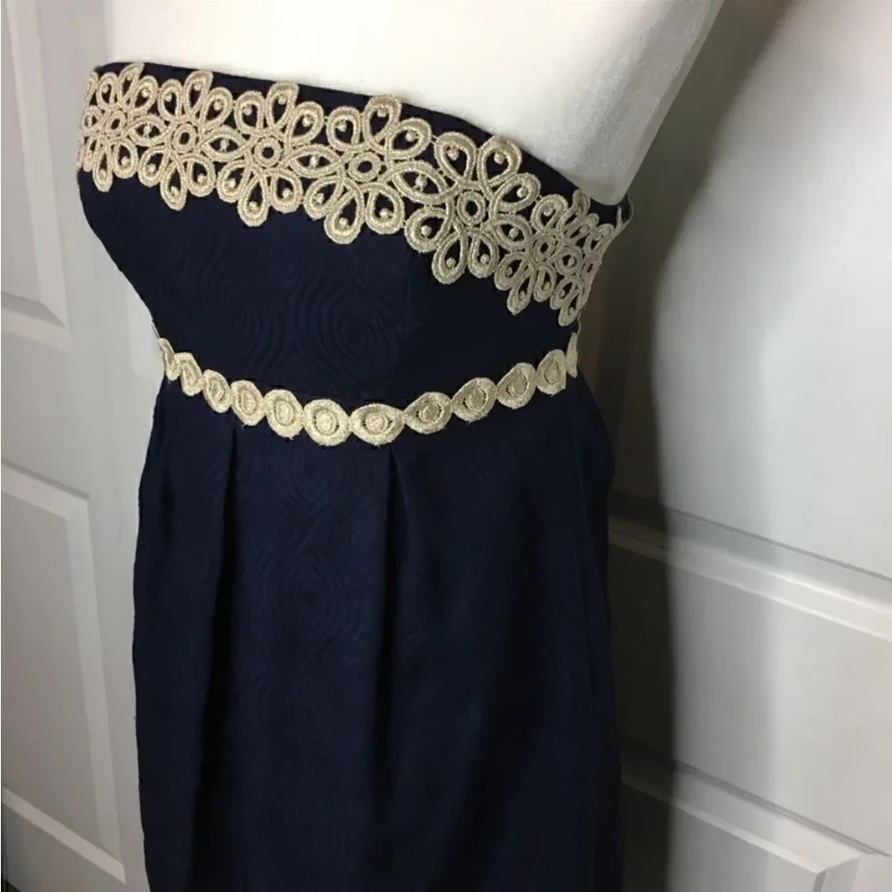 Lilly Pulitzer Betsey Navy and Gold Jacquard Strapless Dress Size 2 - Picture 6 of 16